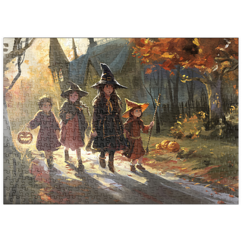 Darstellung des Puzzle Motivs Haunted Village Halloween Trick or Treat Scene puzzleplate Haunted Village Halloween Trick or Treat Scene 500 Puzzle
