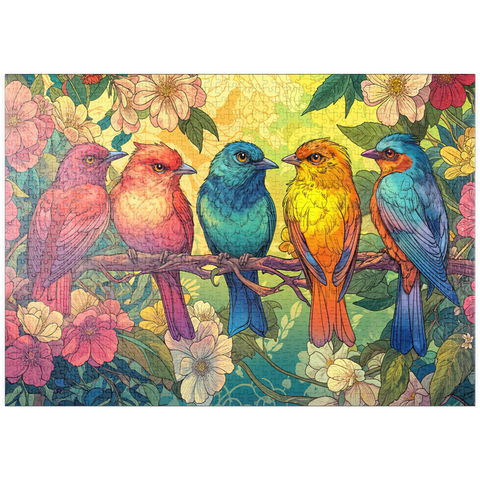 Darstellung des Puzzle Motivs Colorful Songbirds on Floral Branches puzzleplate Colorful Songbirds on Floral Branches 1000 Puzzle