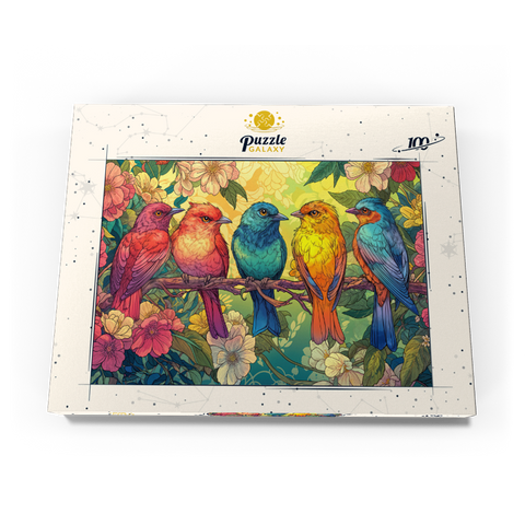 Darstellung des Puzzle Motivs Colorful Songbirds on Floral Branches Colorful Songbirds on Floral Branches 100 Puzzle Schachtel Ansicht3