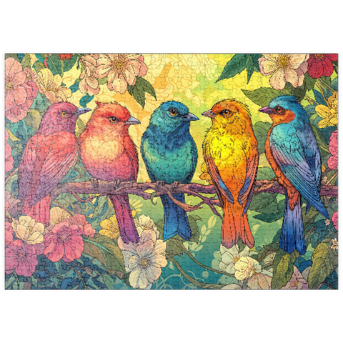 Darstellung des Puzzle Motivs Colorful Songbirds on Floral Branches puzzleplate Colorful Songbirds on Floral Branches 500 Puzzle