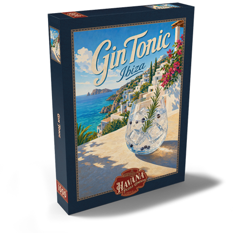 Darstellung des Puzzle Motivs Gin Tonic – Blick auf die Küste Ibizas Gin Tonic - Ibiza Coastal View 1000 Puzzle Schachtel Ansicht2