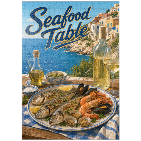 Darstellung des Puzzle Motivs Meeresfrüchte-Tafel an der Amalfiküste puzzleplate Amalfi Coast Seafood Table by the Sea 1000 Puzzle