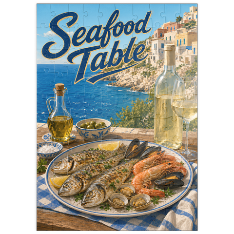 Darstellung des Puzzle Motivs Meeresfrüchte-Tafel an der Amalfiküste puzzleplate Amalfi Coast Seafood Table by the Sea 100 Puzzle