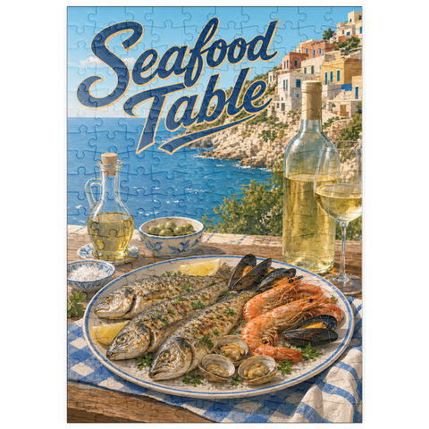 Darstellung des Puzzle Motivs Meeresfrüchte-Tafel an der Amalfiküste puzzleplate Amalfi Coast Seafood Table by the Sea 200 Puzzle