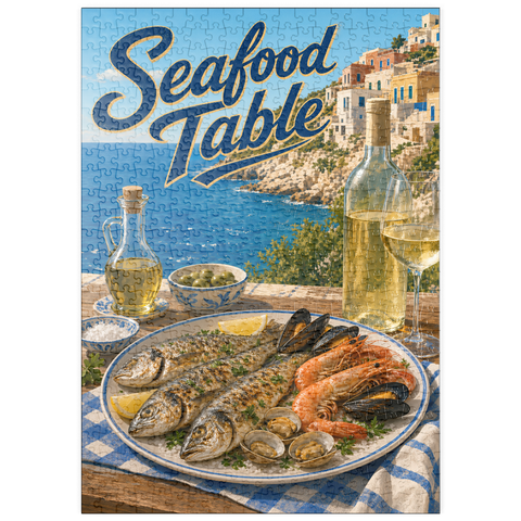Darstellung des Puzzle Motivs Meeresfrüchte-Tafel an der Amalfiküste puzzleplate Amalfi Coast Seafood Table by the Sea 500 Puzzle