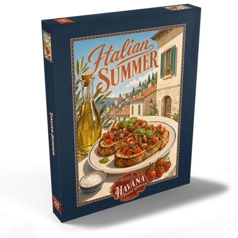 Darstellung des Puzzle Motivs Italienischer Sommer – Toskana, Italien: Bruschetta im sonnendurchfluteten Dorf Italian Summer - Tuscany Italy Bruschetta Sunlit Village 100 Puzzle Schachtel Ansicht2