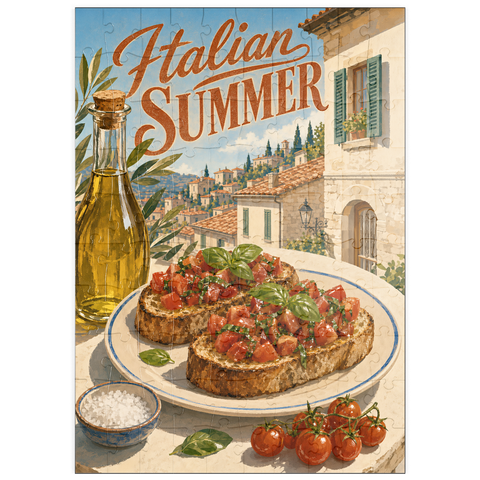 Darstellung des Puzzle Motivs Italienischer Sommer – Toskana, Italien: Bruschetta im sonnendurchfluteten Dorf puzzleplate Italian Summer - Tuscany Italy Bruschetta Sunlit Village 100 Puzzle