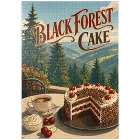Darstellung des Puzzle Motivs Schwarzwälder Kirschtorte – Blick auf die Alpen - Puzzleteile: 1000