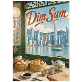 Darstellung des Puzzle Motivs Die Skyline des Hafens von Hongkong und die Dim-Sum-Szene - Puzzleteile: 1000