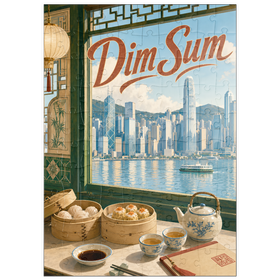 Darstellung des Puzzle Motivs Die Skyline des Hafens von Hongkong und die Dim-Sum-Szene - Puzzleteile: 100