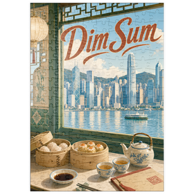 Darstellung des Puzzle Motivs Die Skyline des Hafens von Hongkong und die Dim-Sum-Szene - Puzzleteile: 200