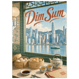 Darstellung des Puzzle Motivs Die Skyline des Hafens von Hongkong und die Dim-Sum-Szene - Puzzleteile: 500