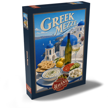 Darstellung des Puzzle Motivs Santorini Greek Mezze Coastal Feast 1000 Puzzle Schachtel Ansicht2