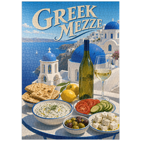 Darstellung des Puzzle Motivs Santorini – Griechisches Mezze-Festmahl an der Küste - Puzzleteile: 1000
