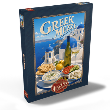 Darstellung des Puzzle Motivs Santorini Greek Mezze Coastal Feast 100 Puzzle Schachtel Ansicht2