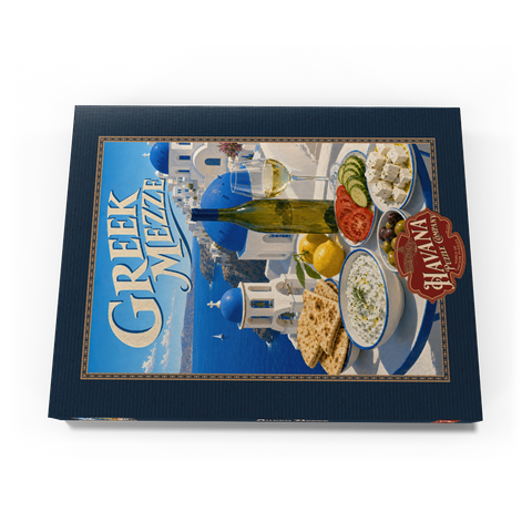 Darstellung des Puzzle Motivs Santorini – Griechisches Mezze-Festmahl an der Küste Santorini Greek Mezze Coastal Feast 100 Puzzle Schachtel Ansicht3