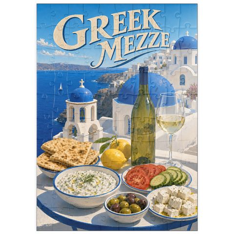 Darstellung des Puzzle Motivs Santorini – Griechisches Mezze-Festmahl an der Küste puzzleplate Santorini Greek Mezze Coastal Feast 100 Puzzle