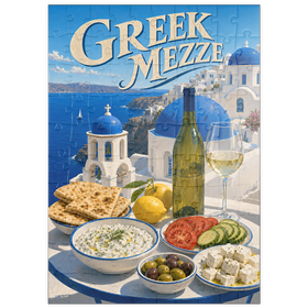Darstellung des Puzzle Motivs Santorini – Griechisches Mezze-Festmahl an der Küste - Puzzleteile: 100
