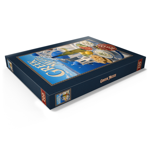 Darstellung des Puzzle Motivs Santorini – Griechisches Mezze-Festmahl an der Küste Santorini Greek Mezze Coastal Feast 200 Puzzle Schachtel Ansicht1