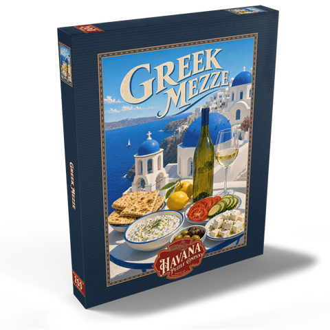 Darstellung des Puzzle Motivs Santorini – Griechisches Mezze-Festmahl an der Küste Santorini Greek Mezze Coastal Feast 200 Puzzle Schachtel Ansicht2