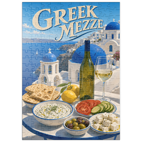 Darstellung des Puzzle Motivs Santorini – Griechisches Mezze-Festmahl an der Küste puzzleplate Santorini Greek Mezze Coastal Feast 200 Puzzle