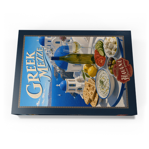 Darstellung des Puzzle Motivs Santorini – Griechisches Mezze-Festmahl an der Küste Santorini Greek Mezze Coastal Feast 500 Puzzle Schachtel Ansicht3