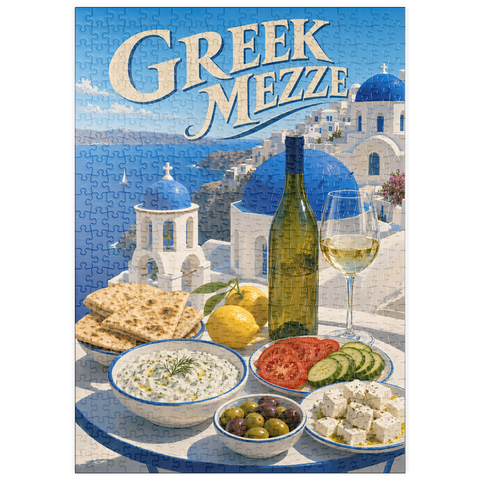 Darstellung des Puzzle Motivs Santorini – Griechisches Mezze-Festmahl an der Küste puzzleplate Santorini Greek Mezze Coastal Feast 500 Puzzle