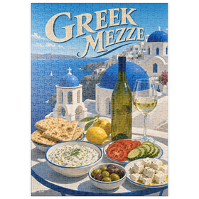 Darstellung des Puzzle Motivs Santorini – Griechisches Mezze-Festmahl an der Küste - Puzzleteile: 500