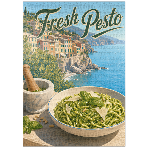 Darstellung des Puzzle Motivs Pasta mit frischem Pesto aus dem italienischen Riviera-Dorf puzzleplate Italian Riviera Village Fresh Pesto Pasta 1000 Puzzle