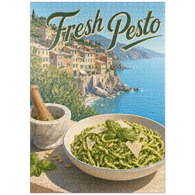 Darstellung des Puzzle Motivs Pasta mit frischem Pesto aus dem italienischen Riviera-Dorf - Puzzleteile: 1000