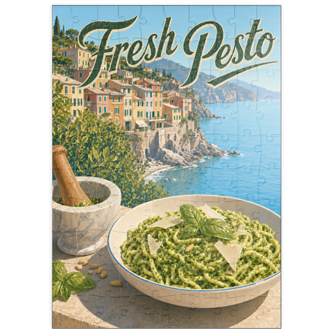 Darstellung des Puzzle Motivs Pasta mit frischem Pesto aus dem italienischen Riviera-Dorf puzzleplate Italian Riviera Village Fresh Pesto Pasta 100 Puzzle