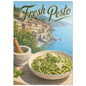Darstellung des Puzzle Motivs Pasta mit frischem Pesto aus dem italienischen Riviera-Dorf - Puzzleteile: 100
