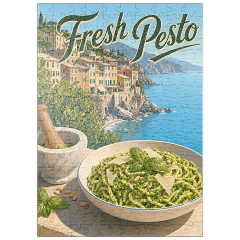 Darstellung des Puzzle Motivs Pasta mit frischem Pesto aus dem italienischen Riviera-Dorf puzzleplate Italian Riviera Village Fresh Pesto Pasta 200 Puzzle