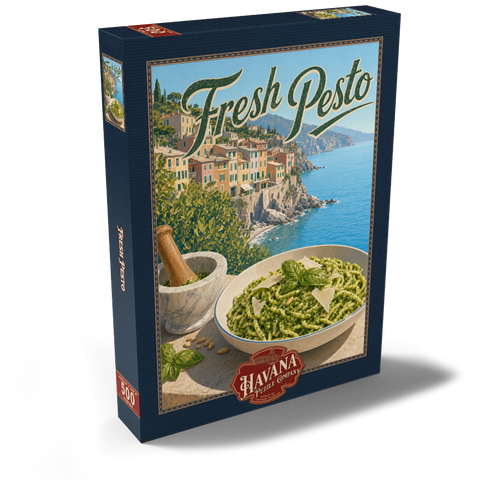 Darstellung des Puzzle Motivs Pasta mit frischem Pesto aus dem italienischen Riviera-Dorf Italian Riviera Village Fresh Pesto Pasta 500 Puzzle Schachtel Ansicht2