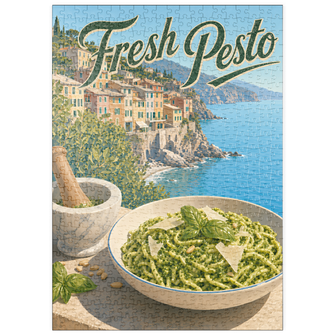Darstellung des Puzzle Motivs Pasta mit frischem Pesto aus dem italienischen Riviera-Dorf puzzleplate Italian Riviera Village Fresh Pesto Pasta 500 Puzzle