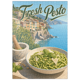 Darstellung des Puzzle Motivs Pasta mit frischem Pesto aus dem italienischen Riviera-Dorf - Puzzleteile: 500