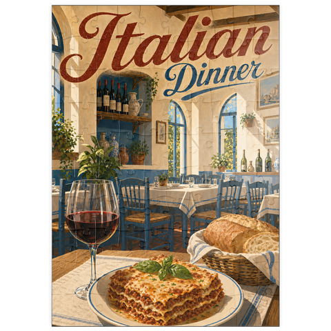 Darstellung des Puzzle Motivs Toskanische Trattoria – Italienisches Abendessen mit Wein puzzleplate Tuscan Trattoria Italian Dinner Wine 100 Puzzle