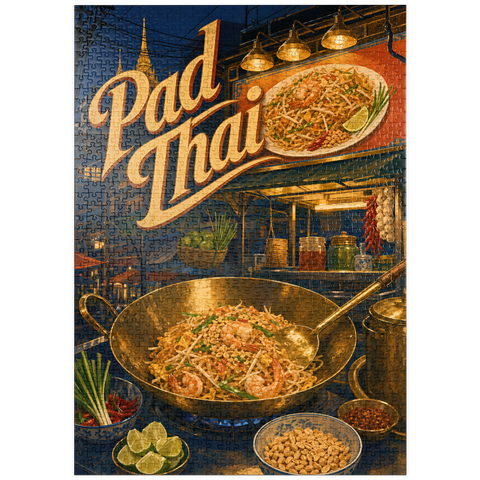 Darstellung des Puzzle Motivs Pad-Thai-Straßenessen auf dem Nachtmarkt puzzleplate Pad Thai Street Food Night Market 1000 Puzzle