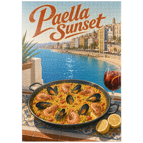 Darstellung des Puzzle Motivs Paella bei Sonnenuntergang an der spanischen Mittelmeerküste puzzleplate Spanish Mediterranean Coast Paella Sunset Scene 1000 Puzzle