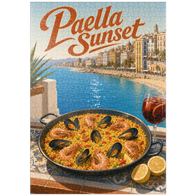 Darstellung des Puzzle Motivs Paella bei Sonnenuntergang an der spanischen Mittelmeerküste - Puzzleteile: 1000