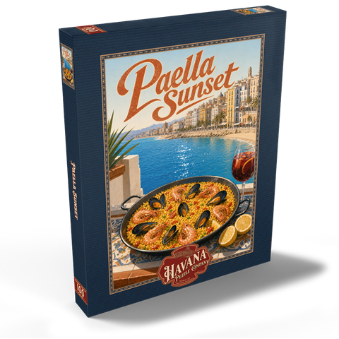 Darstellung des Puzzle Motivs Paella bei Sonnenuntergang an der spanischen Mittelmeerküste Spanish Mediterranean Coast Paella Sunset Scene 100 Puzzle Schachtel Ansicht2