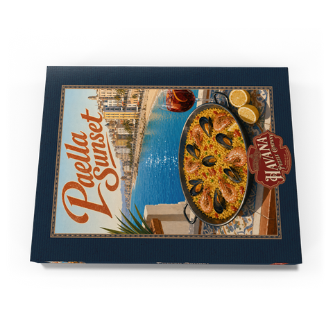 Darstellung des Puzzle Motivs Paella bei Sonnenuntergang an der spanischen Mittelmeerküste Spanish Mediterranean Coast Paella Sunset Scene 100 Puzzle Schachtel Ansicht3