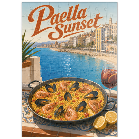 Darstellung des Puzzle Motivs Paella bei Sonnenuntergang an der spanischen Mittelmeerküste puzzleplate Spanish Mediterranean Coast Paella Sunset Scene 100 Puzzle