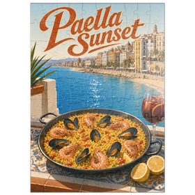 Darstellung des Puzzle Motivs Paella bei Sonnenuntergang an der spanischen Mittelmeerküste - Puzzleteile: 100