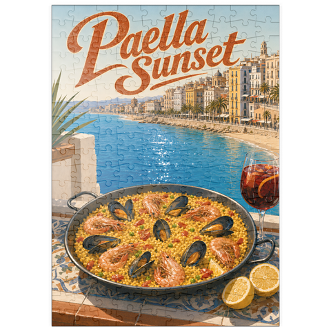 Darstellung des Puzzle Motivs Paella bei Sonnenuntergang an der spanischen Mittelmeerküste puzzleplate Spanish Mediterranean Coast Paella Sunset Scene 200 Puzzle