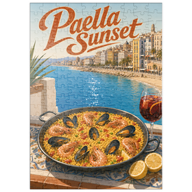 Darstellung des Puzzle Motivs Paella bei Sonnenuntergang an der spanischen Mittelmeerküste - Puzzleteile: 200