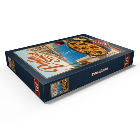 Darstellung des Puzzle Motivs Paella bei Sonnenuntergang an der spanischen Mittelmeerküste Spanish Mediterranean Coast Paella Sunset Scene 500 Puzzle Schachtel Ansicht1