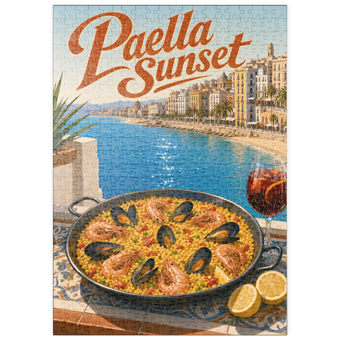 Darstellung des Puzzle Motivs Paella bei Sonnenuntergang an der spanischen Mittelmeerküste puzzleplate Spanish Mediterranean Coast Paella Sunset Scene 500 Puzzle