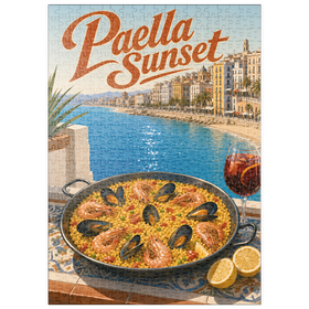 Darstellung des Puzzle Motivs Paella bei Sonnenuntergang an der spanischen Mittelmeerküste - Puzzleteile: 500