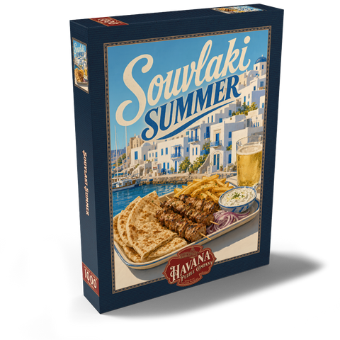 Darstellung des Puzzle Motivs Souvlaki-Sommerfest am Wasser auf einer griechischen Insel Greek Island Waterfront Souvlaki Summer Feast 1000 Puzzle Schachtel Ansicht2